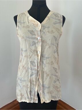 Jones & Co boHo sleeveless feather print button up shirt Sz M USA made